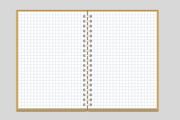 Vektorikuvaus muistikirjasta, jossa on rengassideaine ja neliön muotoinen paperi ja ruskea kääre harmaalla pohjalla
 - Vektori, kuva