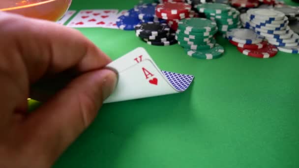 Winner In Poker Moves Chips on Table at Casino - Filmati, video