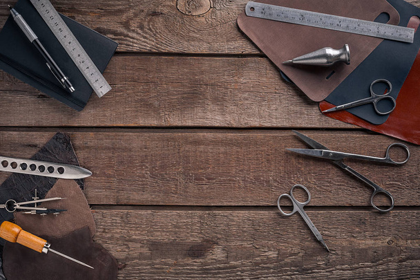 Leather crafting. Tools flat lay still life - Foto, Imagem
