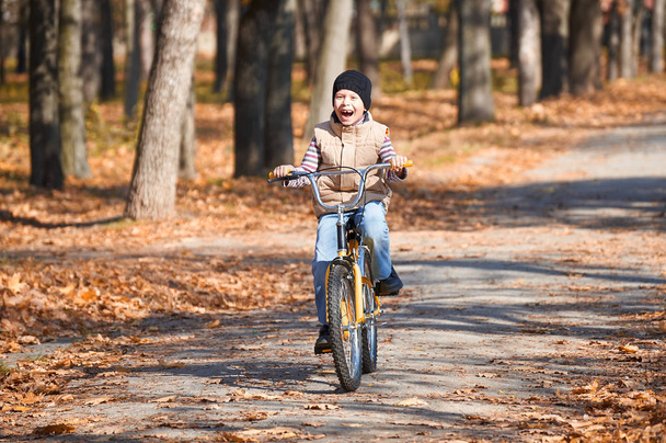 jongen rijden op de fiets, herfst stadspark, zonnige dag, gevallen bladeren op achtergrond - Foto, afbeelding
