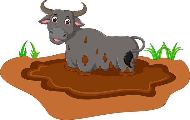 cute bull cartoon on mud with smile - Photo, Image