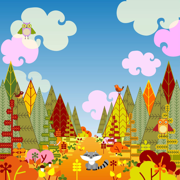 herfst bos kaart met schattige dieren - Vector, afbeelding