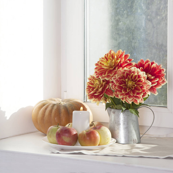 the Autumn still life with red dahlias in a tin jar, pumpkin, a cup of tea and apples on the window in sunny weather - Valokuva, kuva