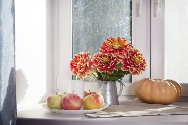 the Autumn still life with red dahlias in a tin jar, pumpkin, a cup of tea and apples on the window in sunny weather - Фото, зображення