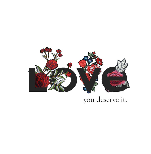 Love Text and Embroidery Flowers Design White Background - Photo, Image
