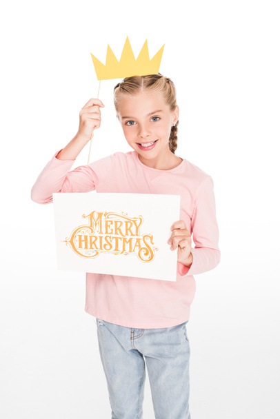 child with crown and Merry Christmas card - Zdjęcie, obraz