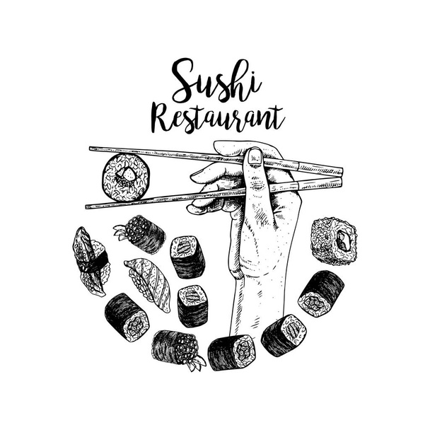 Hand drawn logo desing with sushi. Vector sketch - Вектор, зображення
