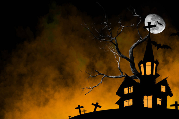 Carte de voeux de nuit d'Halloween avec château, chauves-souris, arbre et tombe avec fumée de brouillard
 - Photo, image