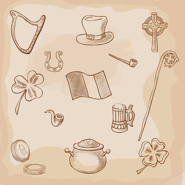 St. Patrick's Day vector design elements set: horseshoe, cross, harp, snorkel, stick, rod, hat, shamrock, beer, coins. Cartoon style. - Vector, afbeelding