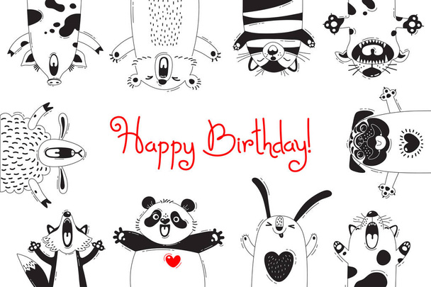 Tarjeta de cumpleaños con animales divertidos Oso de cerdo Fox Oveja Gato Pug Panda Conejo
 - Vector, Imagen