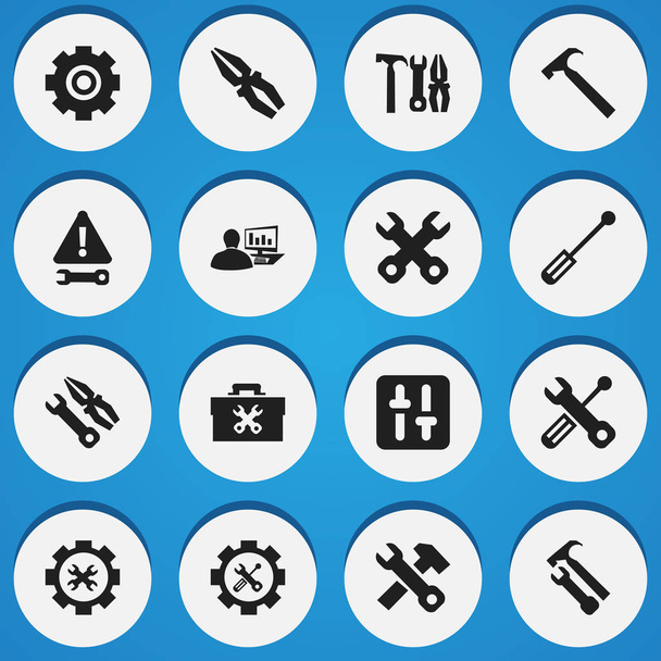 Satz von 16 editierbaren Werkzeugsymbolen. beinhaltet Symbole wie Befestigungsmittel, Schraubenschlüssel, Schraubenschlüssel und vieles mehr. kann für Web-, Mobil-, UI- und Infografik-Design verwendet werden. - Vektor, Bild
