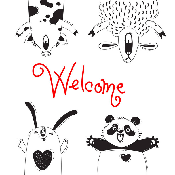 Willkommenskarte mit lustigen Tieren Schwein Schaf Panda Kaninchen. - Vektor, Bild