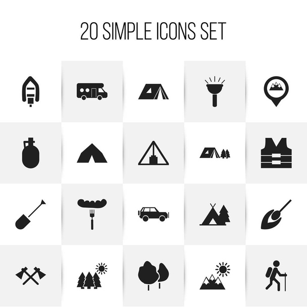 Conjunto de 20 iconos de camping editables. Incluye símbolos como madera, pirámide, caravana y más. Puede ser utilizado para el diseño de la tela, móvil, interfaz de usuario e infografía
. - Vector, imagen