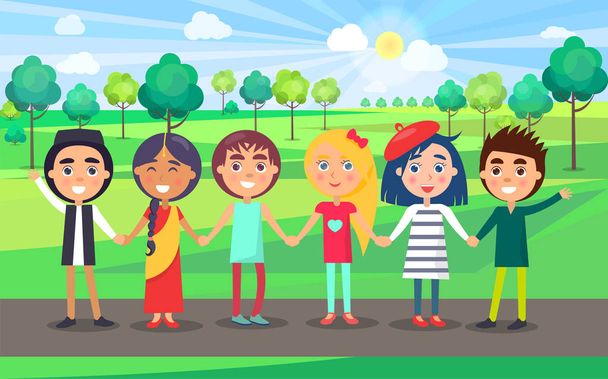Багатокультурної дружні група дітей у літній парк - Вектор, зображення