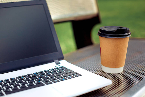 Макет ноутбука з порожнім чорним екраном і чашкою кави на металевій лавці в природному відкритому парку
 - Фото, зображення