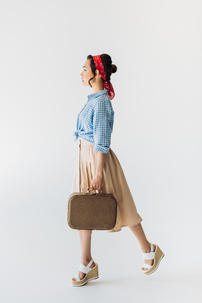 stylish asian woman with suitcase - Фото, изображение
