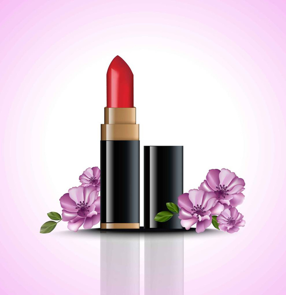 Red Lip stick mock up Vector with flowers decor. Cosmetics card realistic packages - Vettoriali, immagini