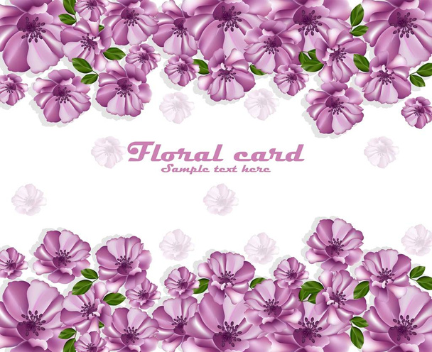 Fialové květy plakát vektorové kartu rámec. Jemný dekor - Vektor, obrázek