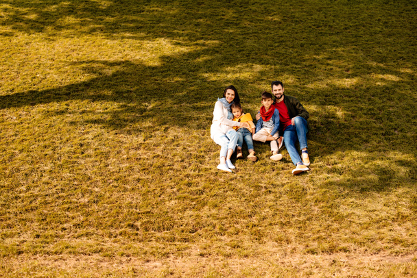 Family sitting on grassy hill  - Фото, зображення