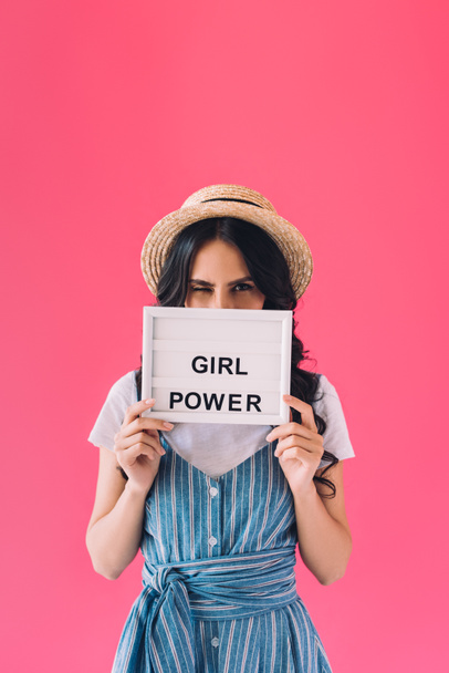 woman with girl power board in hands - Foto, imagen