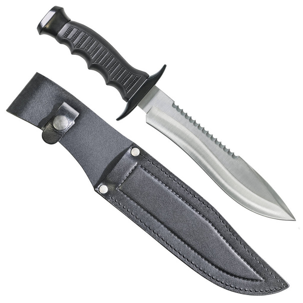 Тактичний бойовий мисливський ніж Бові з чорною шкіряною оболонкою ізольовано на білому тлі
 - Фото, зображення
