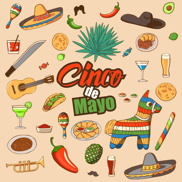 Cinco de Mayo ünnep design elem, Mexikó, ikonok beállítása. Gyűjtemény objektumok Cinco de Mayo karnevál - Vektor, kép