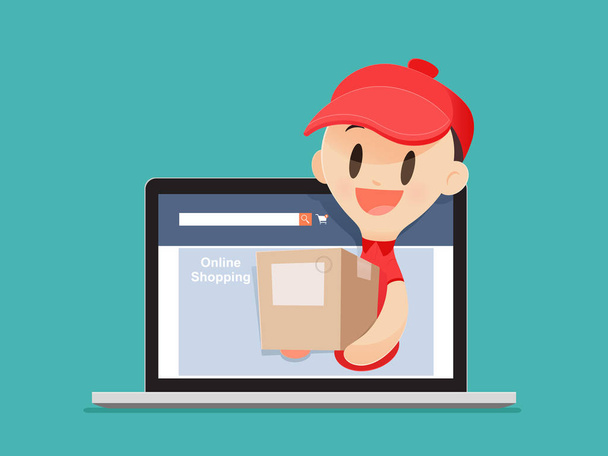 Cartoon Delivery Man Brings A Goods To A Customer From Laptop. - Vector, Image
