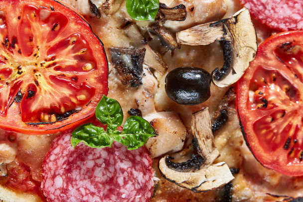 Closeup of pizza with salami, tomatoes and olives - Photo, image