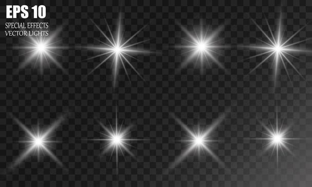 Σετ λαμπερό φως επίδραση διάνυσμα αστέρια εκρήξεις με λάμψεις σε διαφανές φόντο. - Διάνυσμα, εικόνα