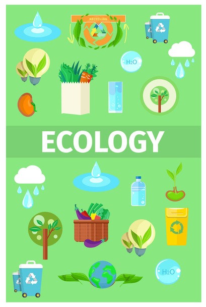 Ecology Poster with Cartoon Recycling Icons Set - Vector, Imagen