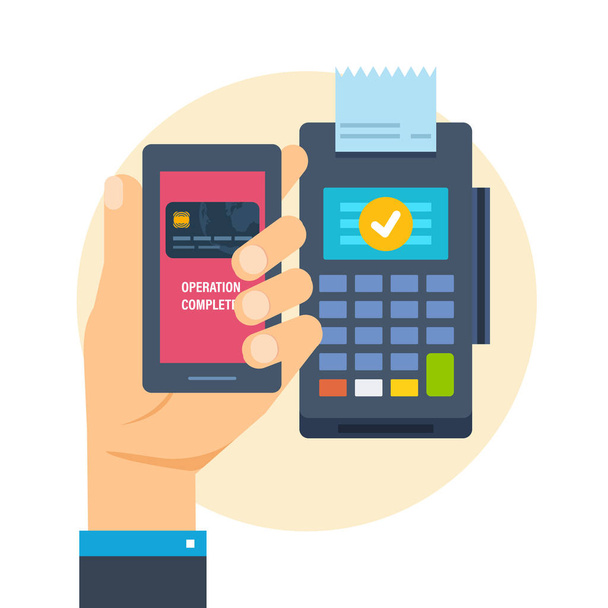 Pos terminal. Financial transactions. Hand presses payment button in phone. - Vector, Imagen