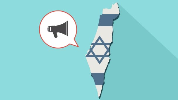 Animace dlouhý stín mapa Izraele s jeho vlajkou a komické bubliny s ikonou megafon - Záběry, video