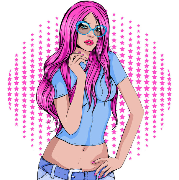 Beautiful stylish Girl wearing glasses with long pink hair. Graphic drawing in disco style - Vektor, Bild