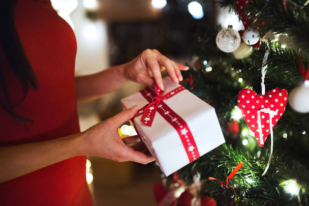 Unrecognizable woman in front of Christmas tree holding present - Foto, imagen