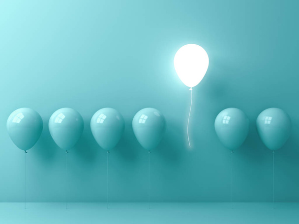 heben sich von der Masse und dem anderen Konzept ab, ein Lichtballon fliegt weg von anderen grünen Ballons auf hellgrünem pastellfarbenem Wandhintergrund mit Fensterreflexen und Schatten. 3D-Darstellung - Foto, Bild