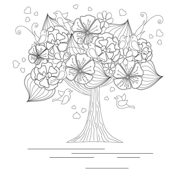 Цветущее дерево с любящими птицами для раскраски, векторная иллюстрация против стресса
 - Вектор,изображение