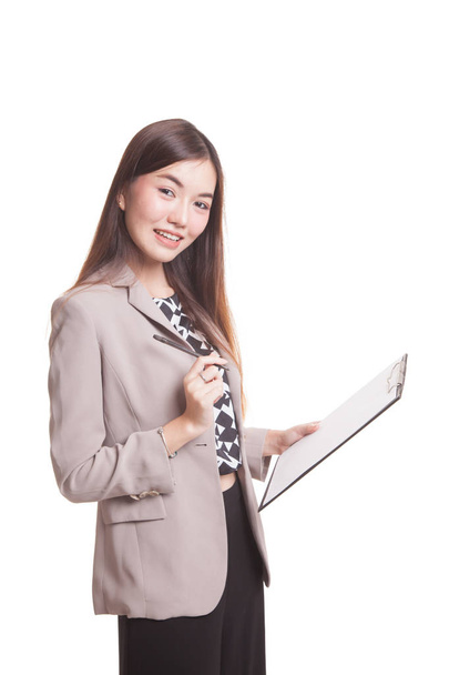 Young Asian business woman with pen and clipboard. - Valokuva, kuva