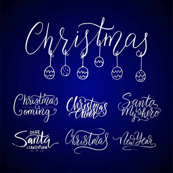 Merry Christmas lettering typography. Handwriting text design with winter handdrawn lettering. Happy New Year greeting vector card decoration. - Vector, Image