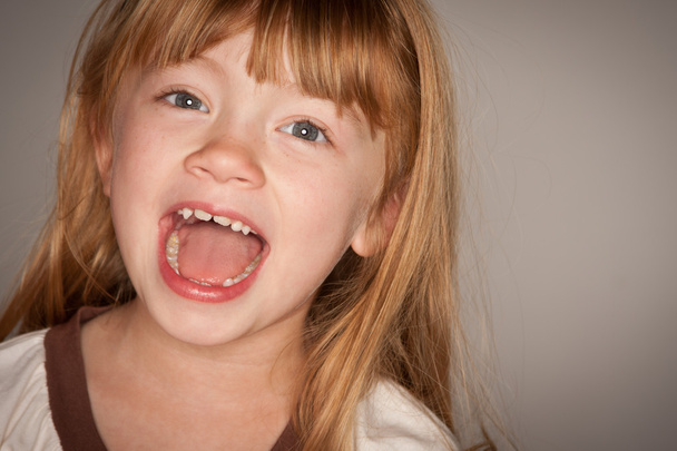 Fun Portrait of an Adorable Red Haired Girl on Grey - Фото, зображення