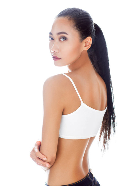 woman in white top with clean skin - 写真・画像