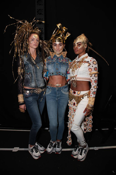 NEW YORK, NY - SEPTEMBER 07: Models posing backstage before the Desigual fashion show during New York Fashion Week on September 7, 2017 in New York City. - Фото, изображение