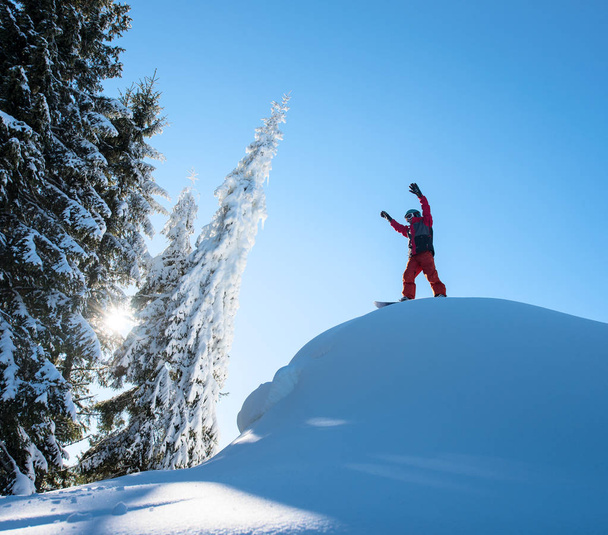 Male snowboarder freerider standing on top  - Fotoğraf, Görsel