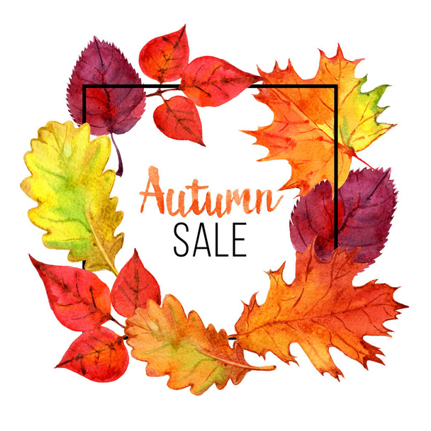 Autumn sale template with lettering. Autumn leaves. Sale lettering design. Isolated, watercolor illustration - Fotografie, Obrázek