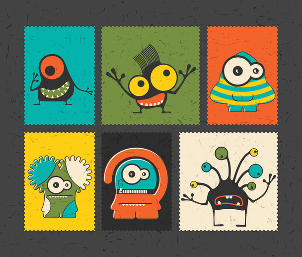 Set of six retro postage`s stamp with funny monsters - Vector, Imagen