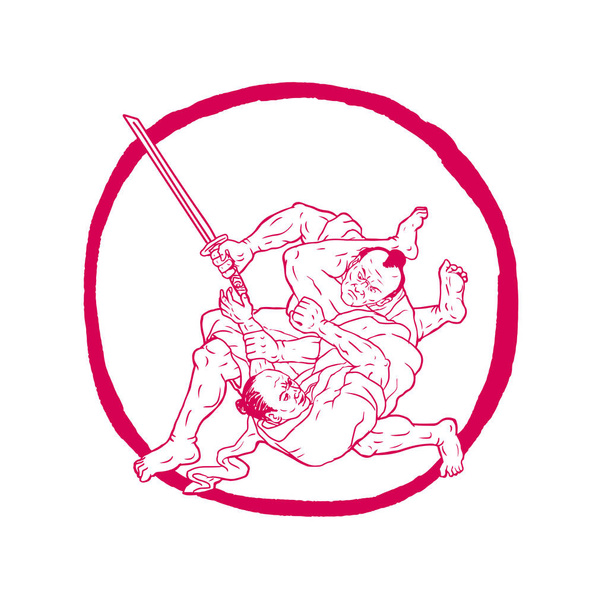 Szamuráj Jui Jitsu küzdelem Enso rajz - Vektor, kép