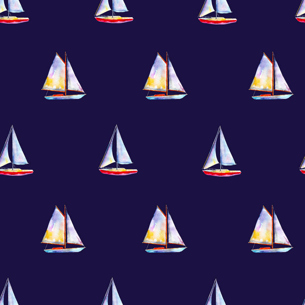 Watercolor seamless pattern with sailboats, bright hand-drawn summer  background. - 写真・画像
