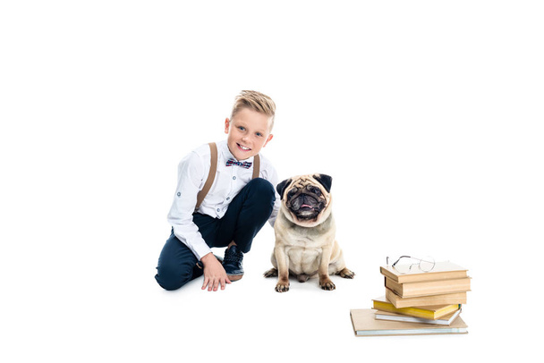 boy with dog and books - Photo, Image