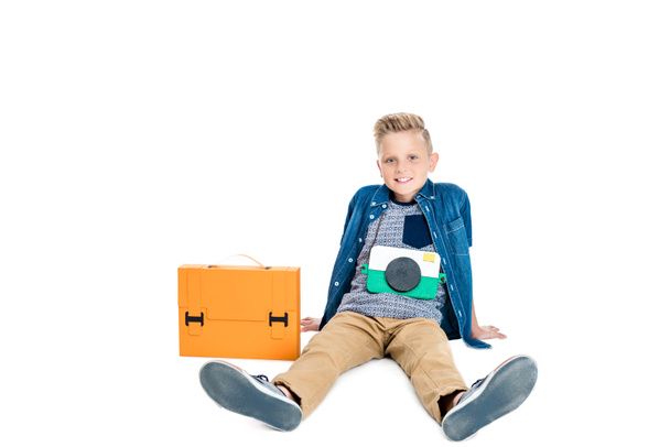 boy with briefcase and camera - Φωτογραφία, εικόνα