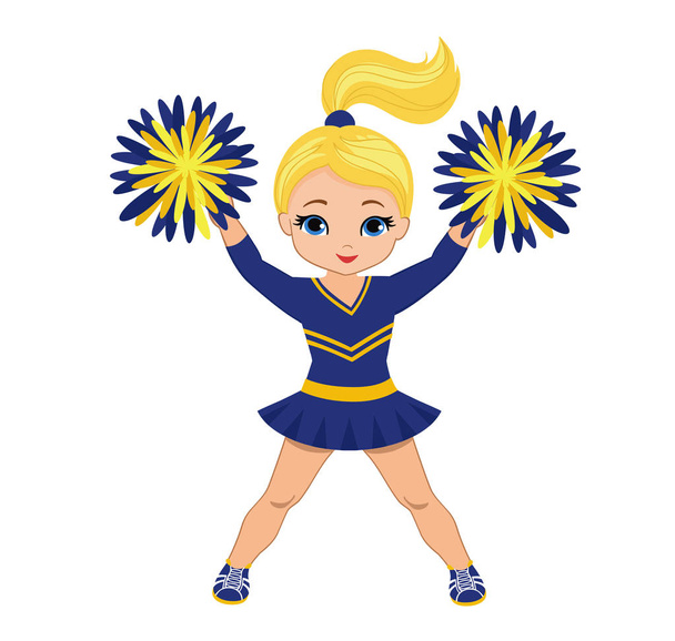 Cheerleader sinisessä ja keltaisessa univormussa Pom Pomsin kanssa. Vector kuva eristetty valkoisella taustalla
. - Vektori, kuva