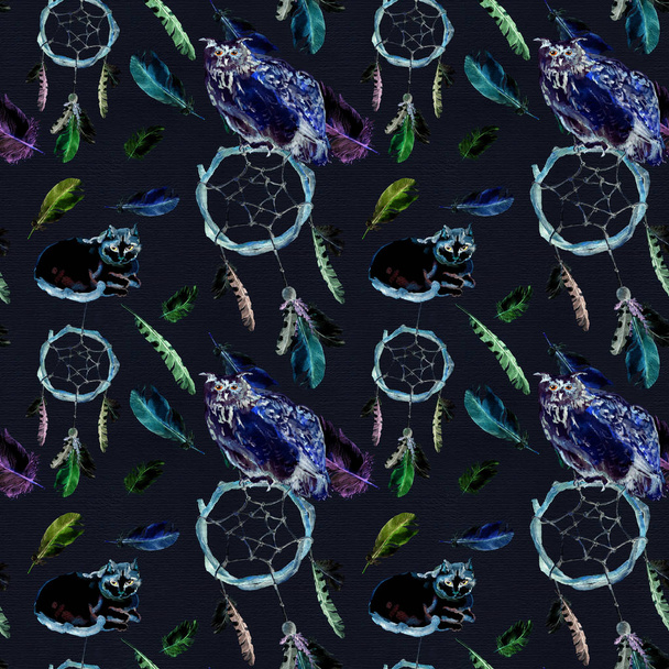 Feathers, owl, cat, dreamcatcher, black background. Repeating pattern - Φωτογραφία, εικόνα